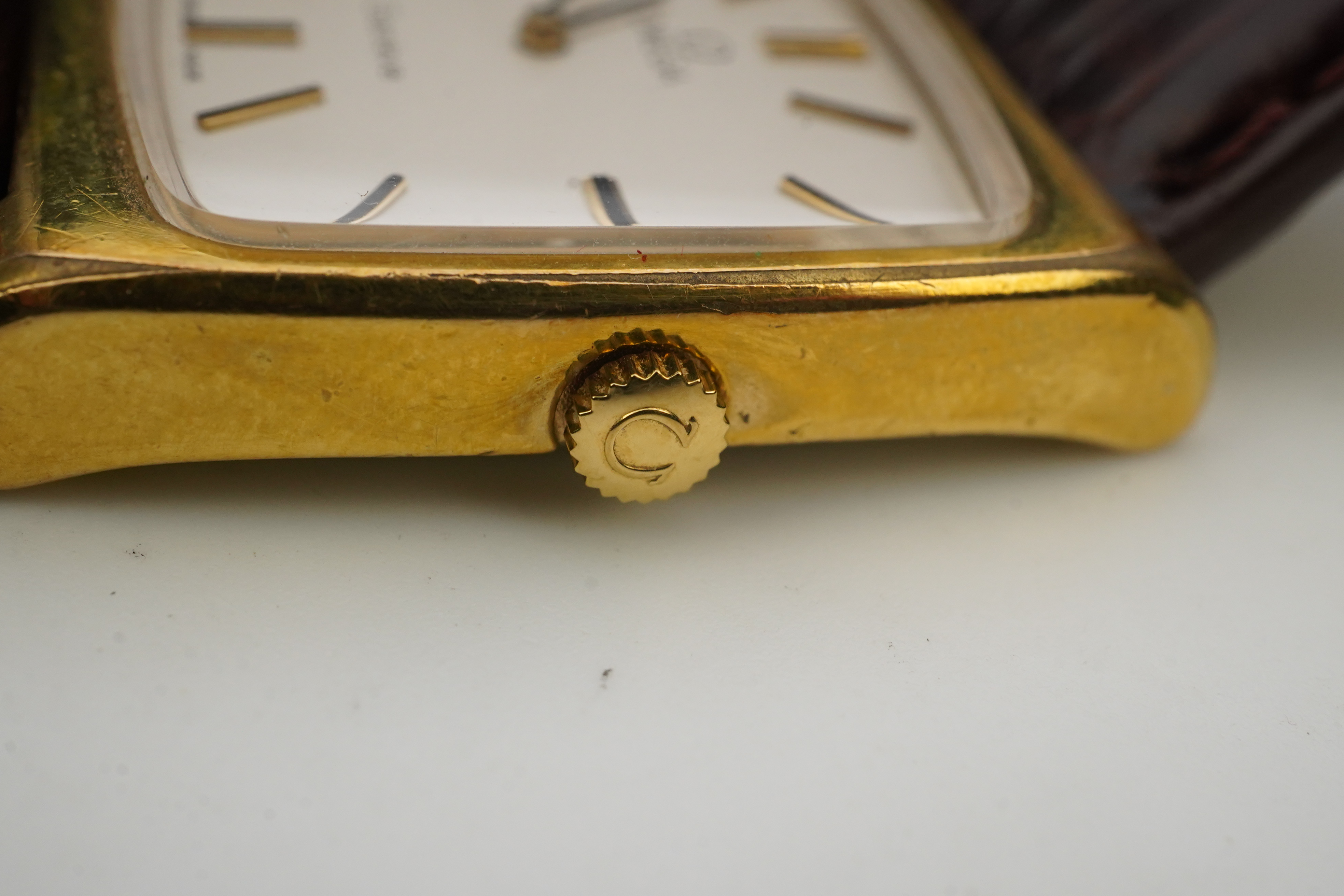 A gentleman's 1970's? steel and gold plated Omega manual wind dress wrist watch, on a later associated leather strap